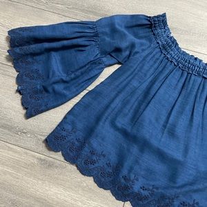 Blue sleeve off the shoulder top